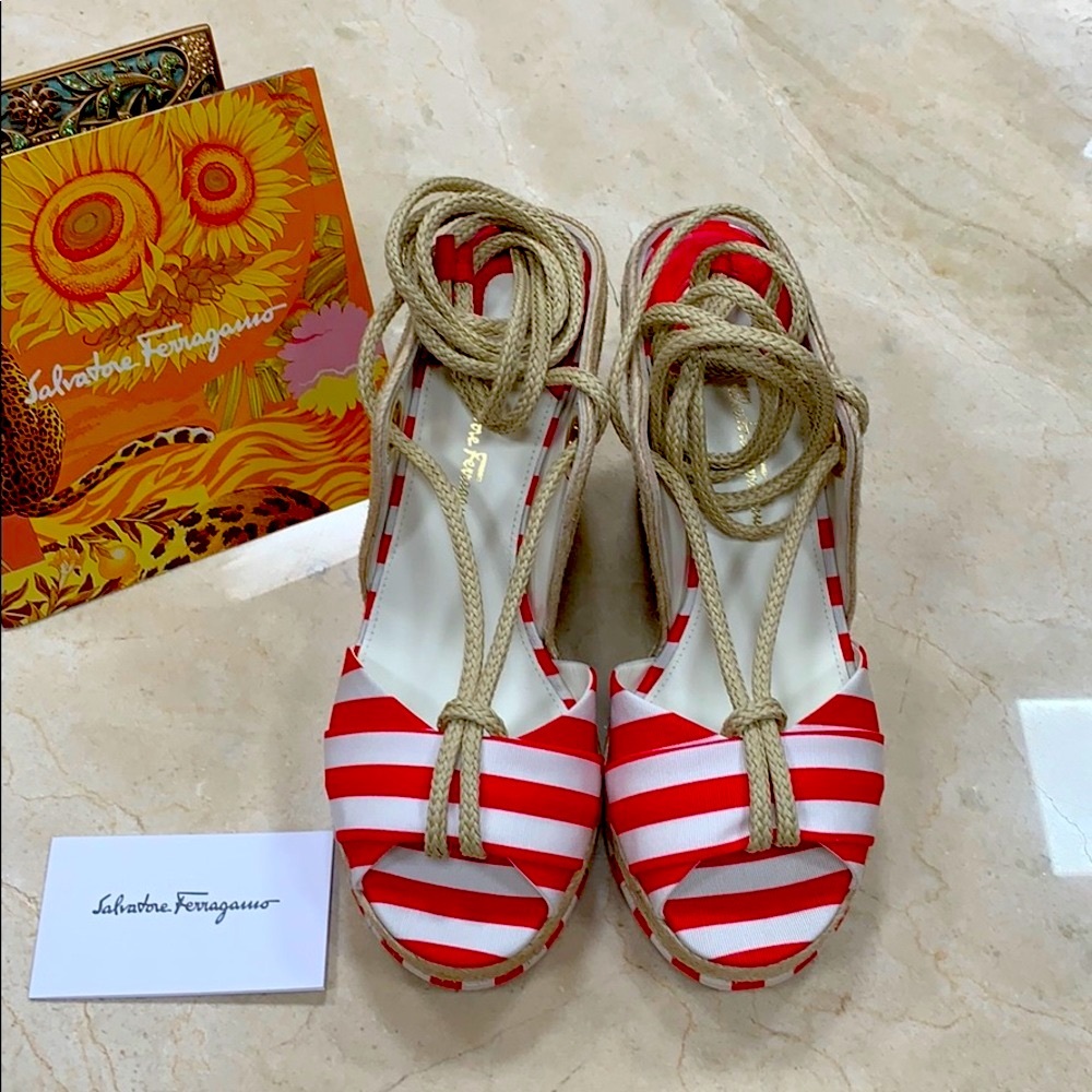 SALVATORE FERRAGAMO RED WHITE STRIPED FABRIC JUTE ESPADRILLES W/CALF LEATHER 8.5 - Picture 2 of 14